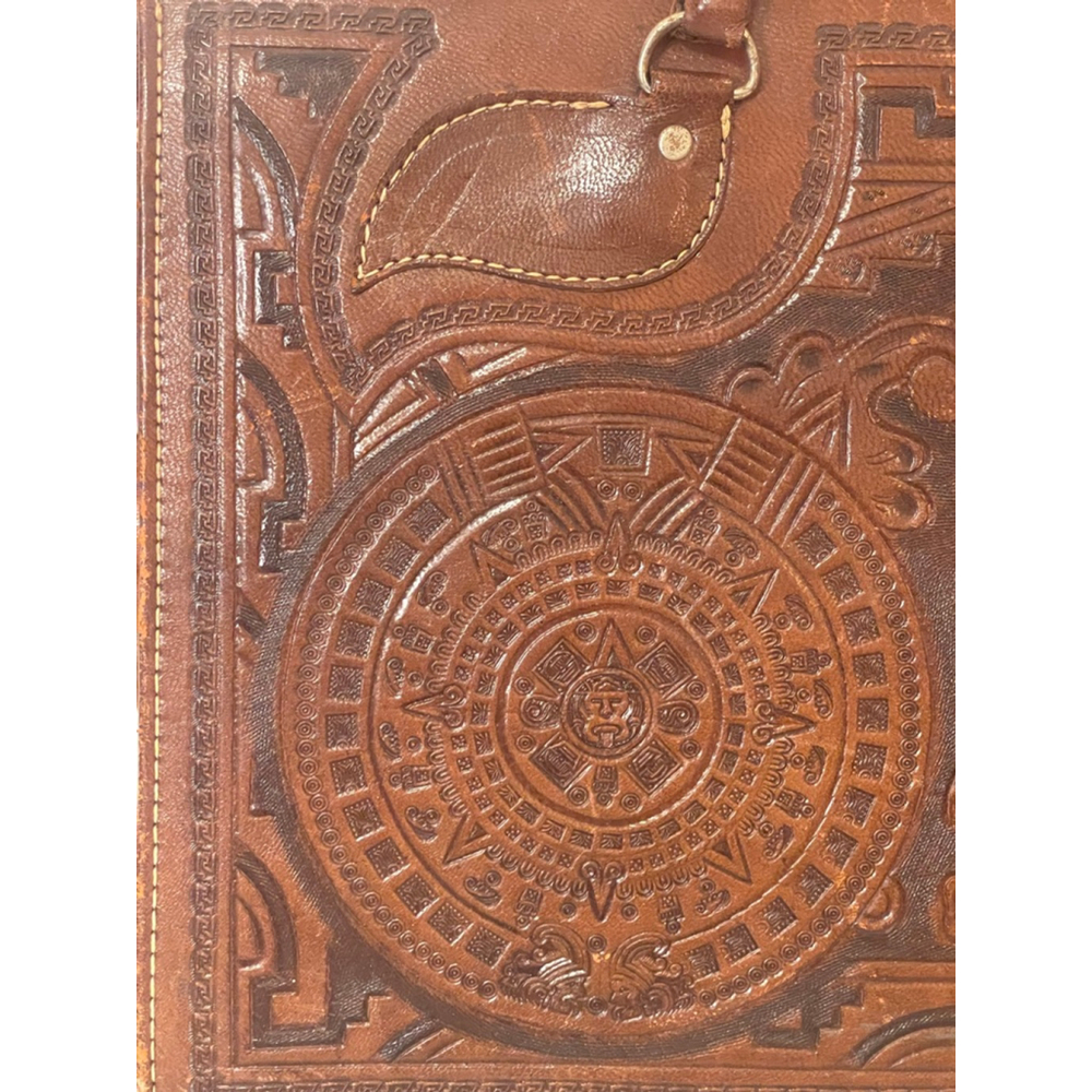 Vintage Hand Tooled Leather Briefcase Aztec Calendar Eagle Design Brown Bag - Picture 4 of 15